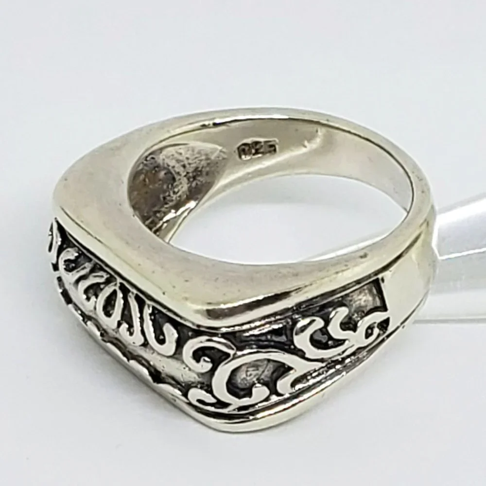 Rectangle Front Delicate Scroll Work Statement Sterling Silver Ring Unisex